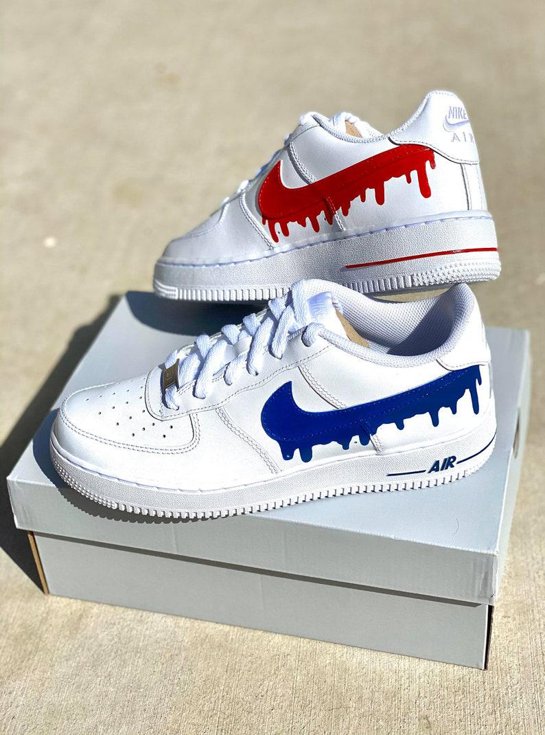 Custom Red Blue Nike Drip Air Force Ones